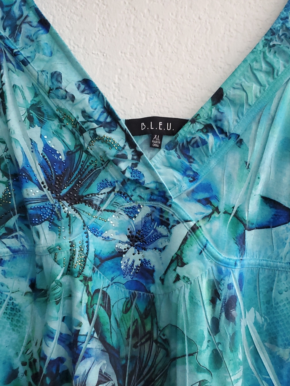 B.L.E.U. Turquoise & Blue Floral V-Neck Tunic with Rhinestone Detail